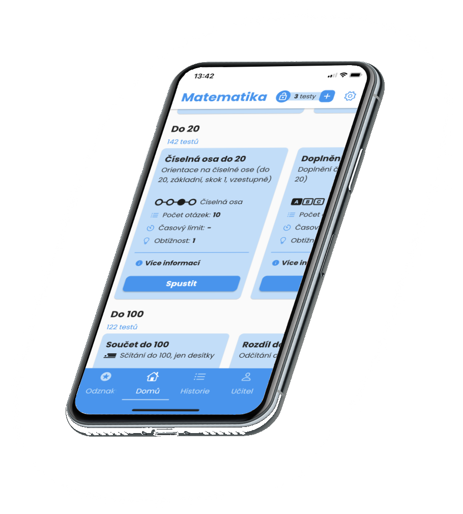 Mobilní aplikace matematika pro žáčky na 1. stupni základní školy - vyberte si ze seznamu testů z matematiky